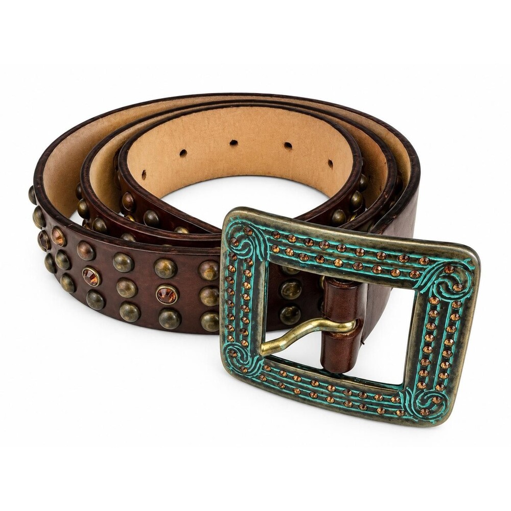 Streets Ahead Womens Brown Leather Studded Belt Turquoise Buckle Crystals Size S